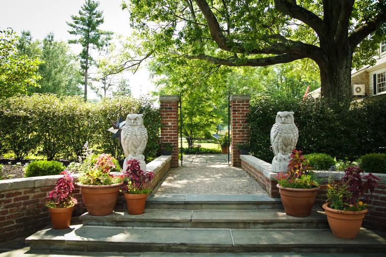 The garden entrance, stone owls on brick piers beneath a spreading oak